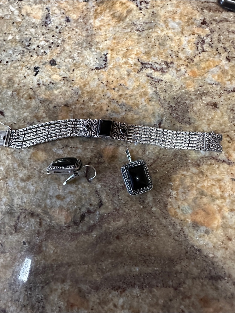 Sterling Silver Black Onyx Bracelet & Earring Set and pendant